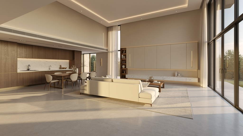 Interior of a finished minimalist build — large planes, quiet materials.